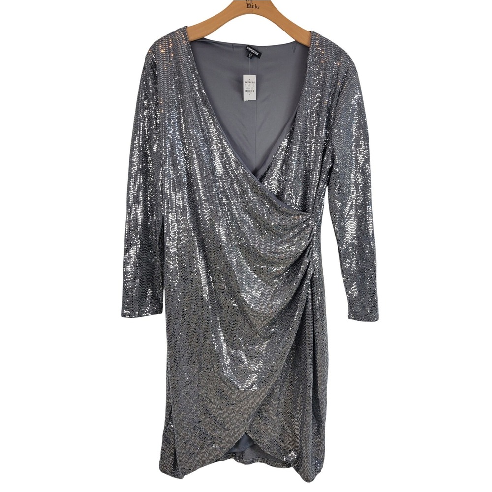 NEW Express Sequinned Faux Wrap Dress Gray Silver Size Extra Large‎ Sparkle